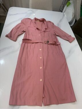 VintageClassic pure silk Pink Midi Shirt Dress with Belt